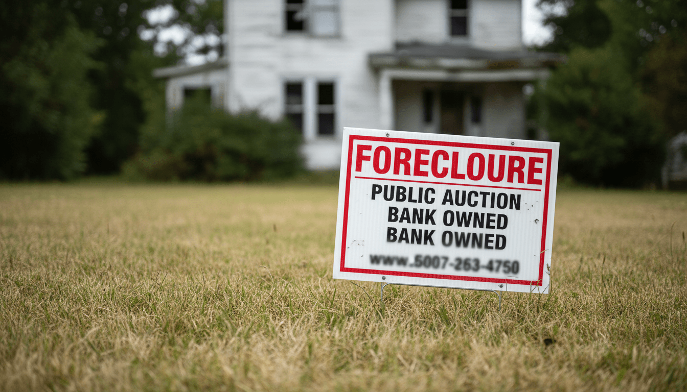 Close up of foreclosure sign on front lawn of overgrown property