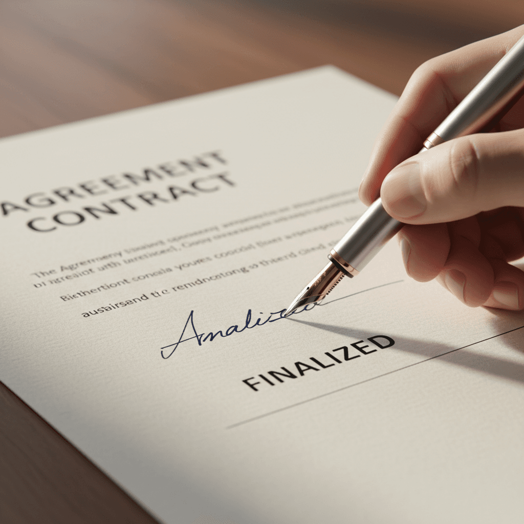 Hand holding pen over contract paperwork