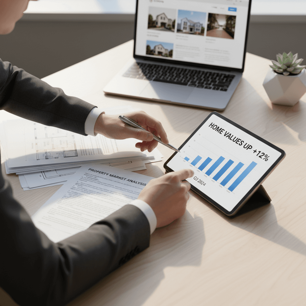 Professional real estate agent reviewing documents on a laptop at a modern office desk