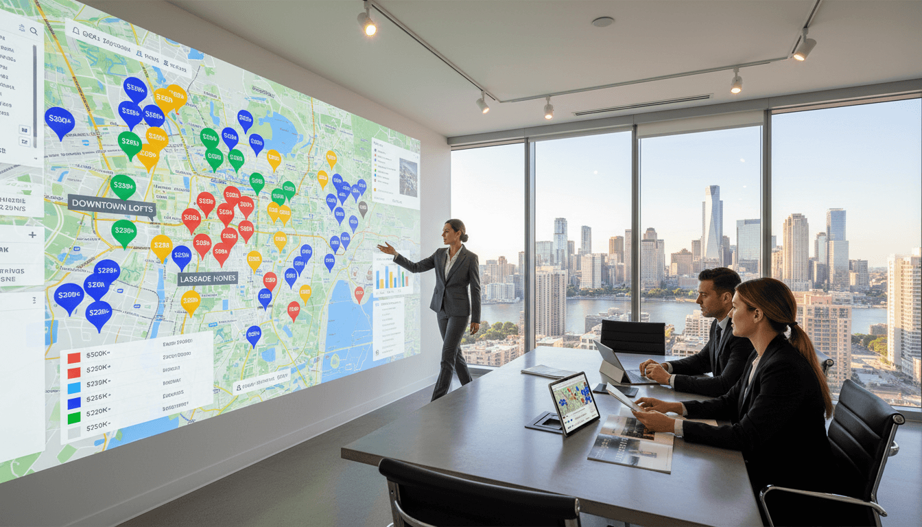 Real estate agent presenting interactive property map projection to clients, showing location markers and neighborhood data analytics