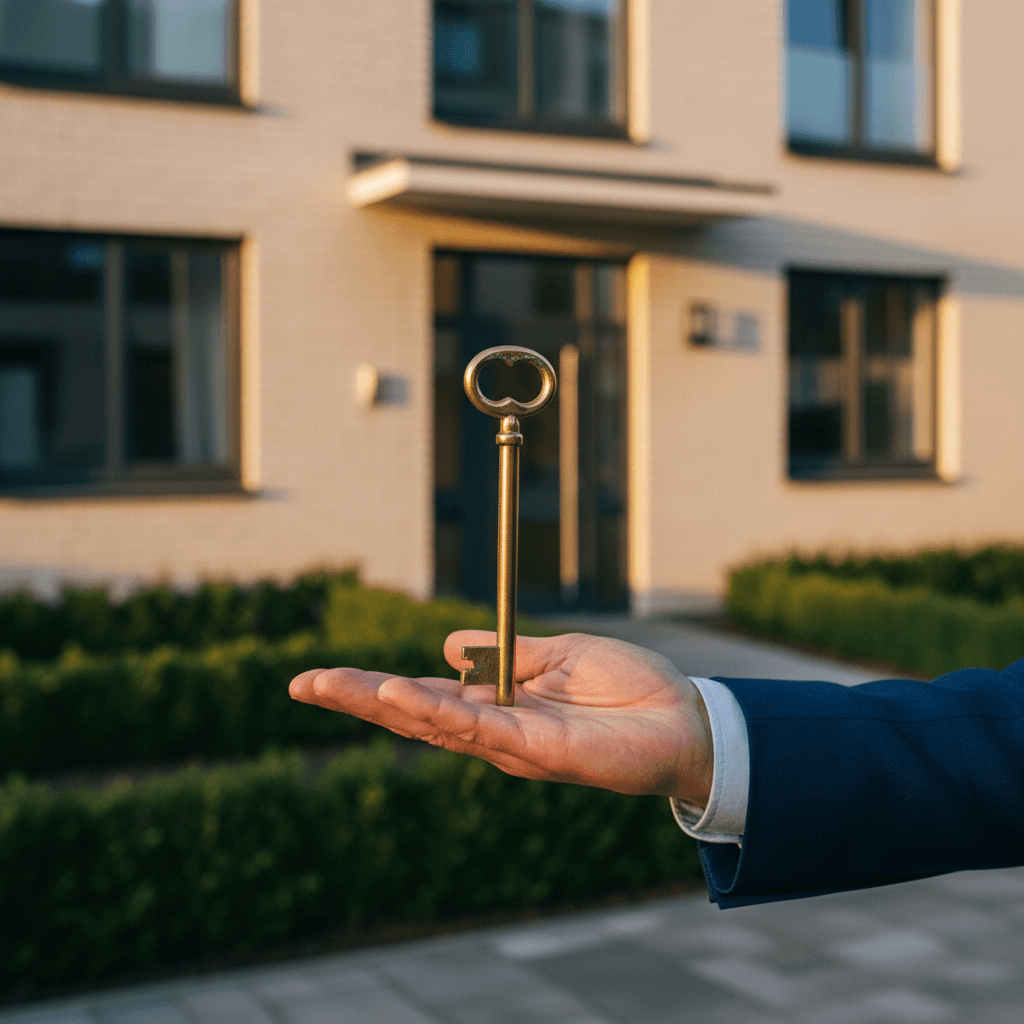 Professional holding gleaming brass key in front of residential property entrance during golden hour light