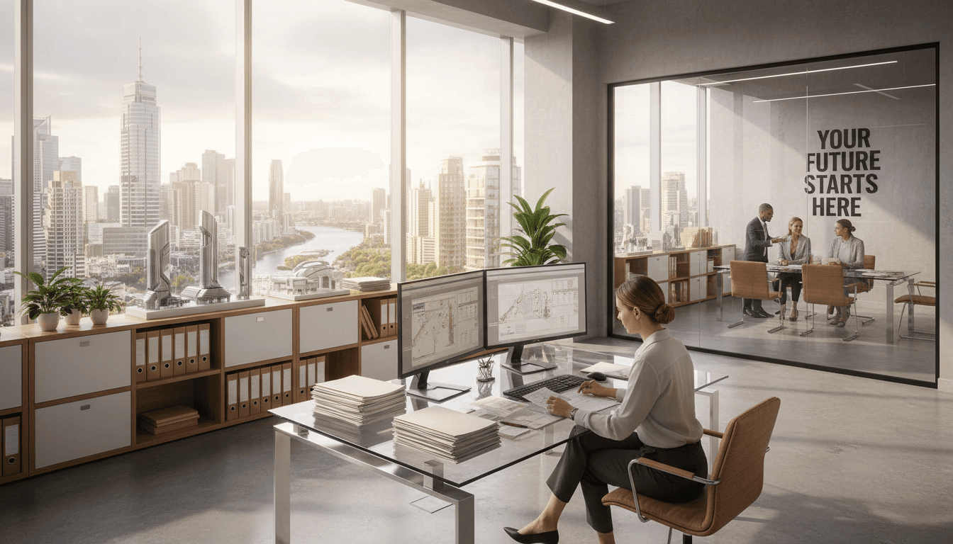 Real estate desk with documents and laptop