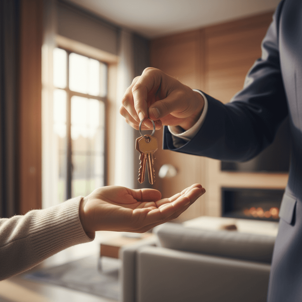 Professional real estate agent handing keys to a client in front of a modern house