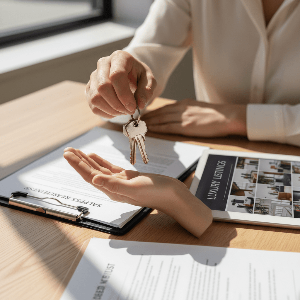 Real estate documents and house key on desk