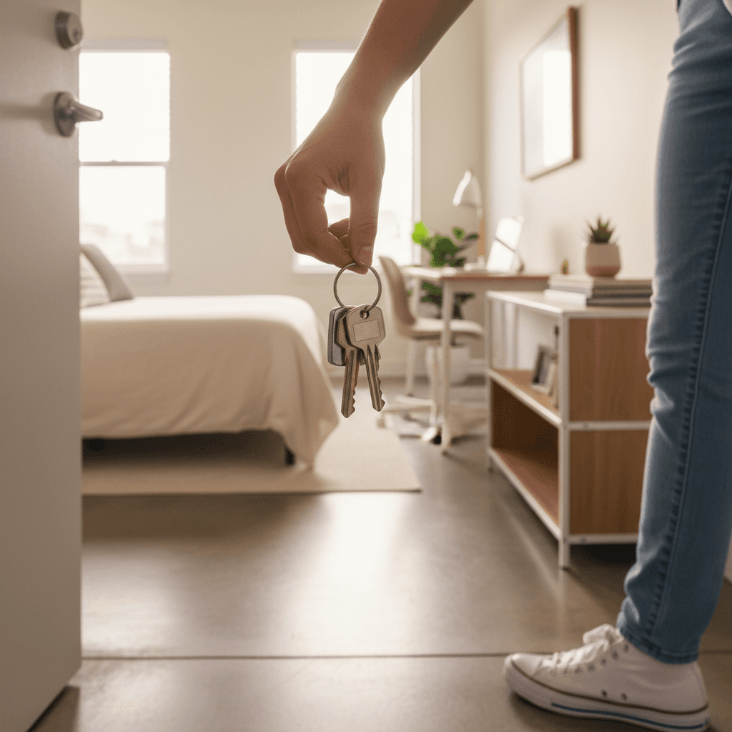 Close-up of resident's hand holding apartment keys at the threshold of a modern, furnished studio