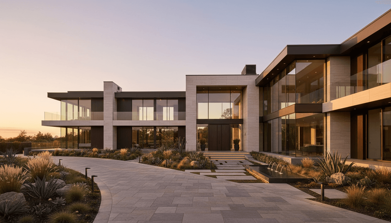 Stunning modern luxury residential property exterior with contemporary architecture, premium finishes, and sophisticated landscaping at golden hour