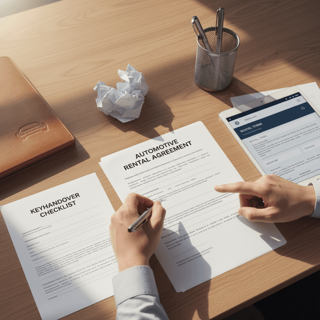 Overhead view of rental agreement papers and tablet on desk during customer signature and transaction