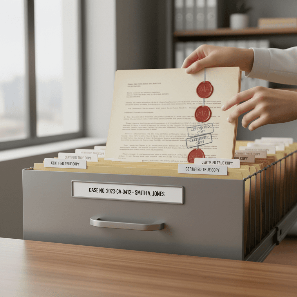 Paralegal hands organizing stamped court documents and certified paperwork into labeled file folders in organized filing cabinet