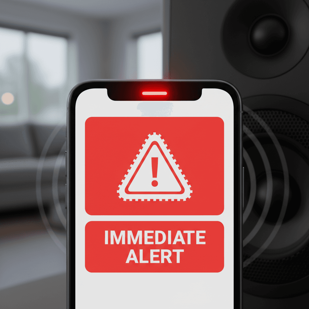Extreme close-up of smartphone displaying bright red emergency alert notification with warning icon and audio activation