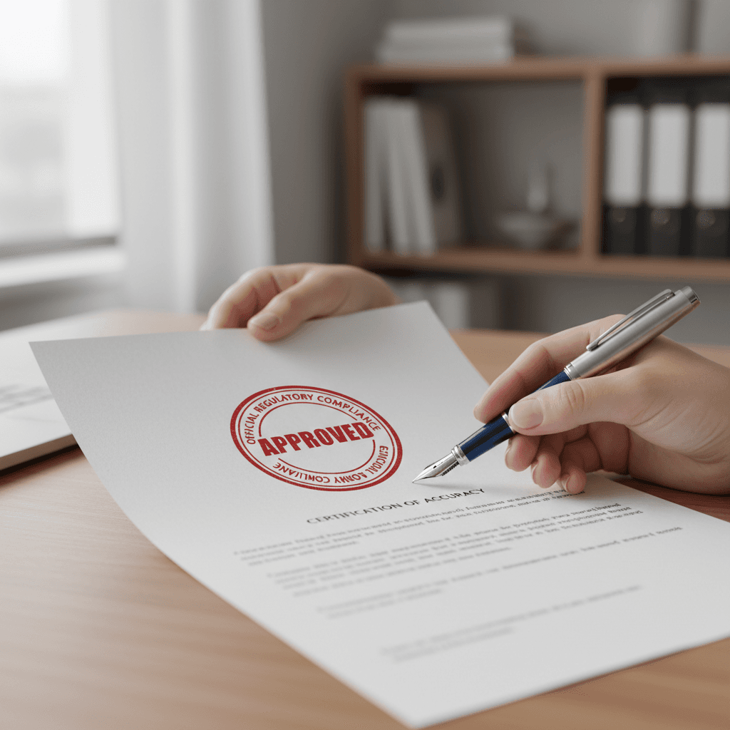 Consultant reviewing official tax compliance document with approval stamp and pen ready to sign