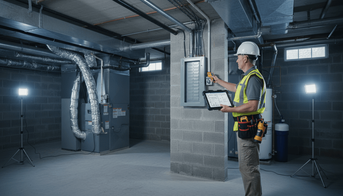 Inspector in safety gear documenting basement systems with tablet, reviewing HVAC and electrical infrastructure during property assessment