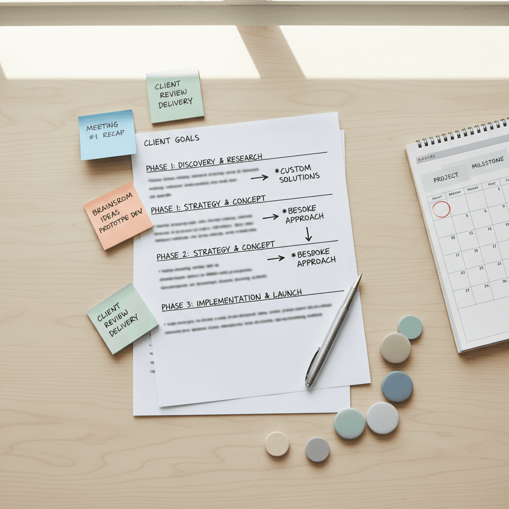 Overhead view of personalized client service roadmap with color-coded notes, documents, and planning materials on light wood desk