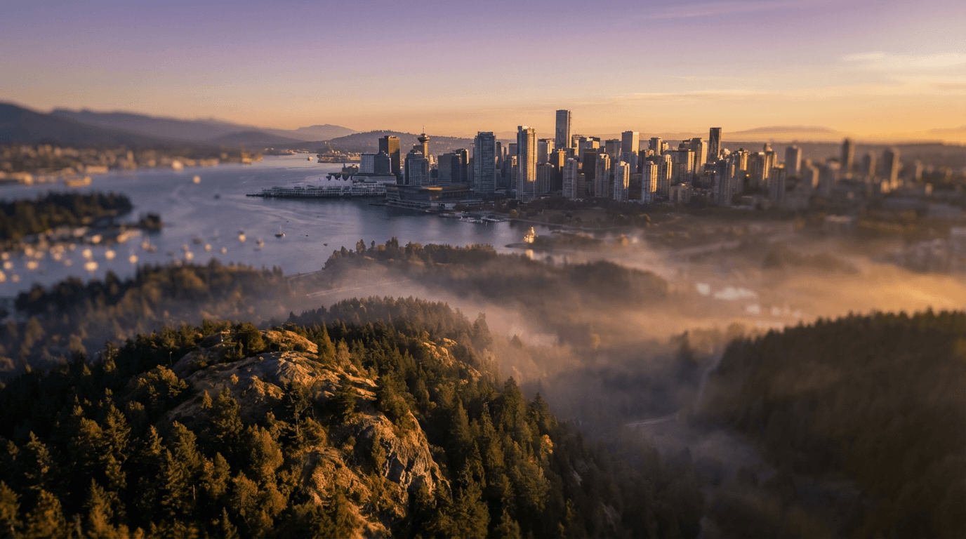 Vancouver skyline at golden hour viewed from North Shore mountains, with glass towers and harbor waters below, warm amber light on snow-capped peaks