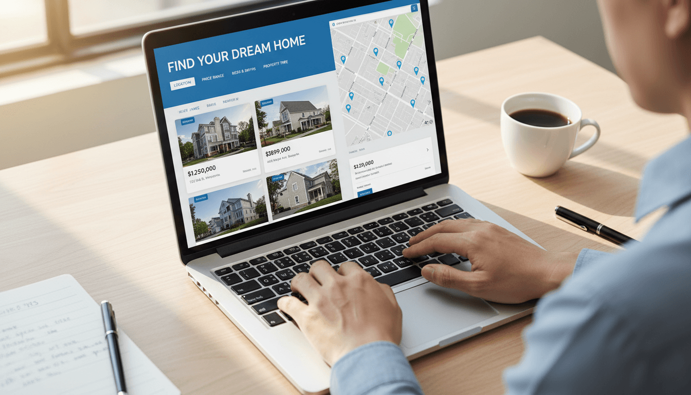 Person searching apartment listings on laptop displaying multiple residential properties and filters in modern workspace