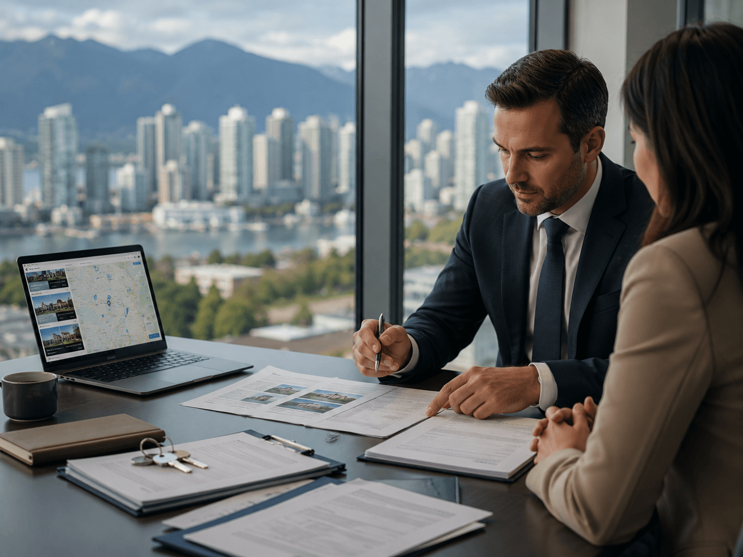 Real estate agent and client reviewing documents in a high-rise office with a city view.